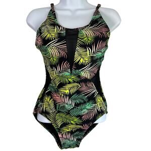 Caribbean Sand Tropical Leaf Mesh Inset One Piece Bathing Suit Size 8 Beach